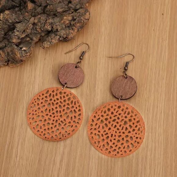 ✨🆕🔅BoHo Bohemian PU Leather Hollow Out Round Drop Earrings🔅✨ - Picture 7 of 10